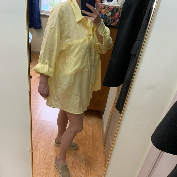 Magaschoni linen blouse oversized pockets mother of pearl buttons yell XL - Picture 5 of 13